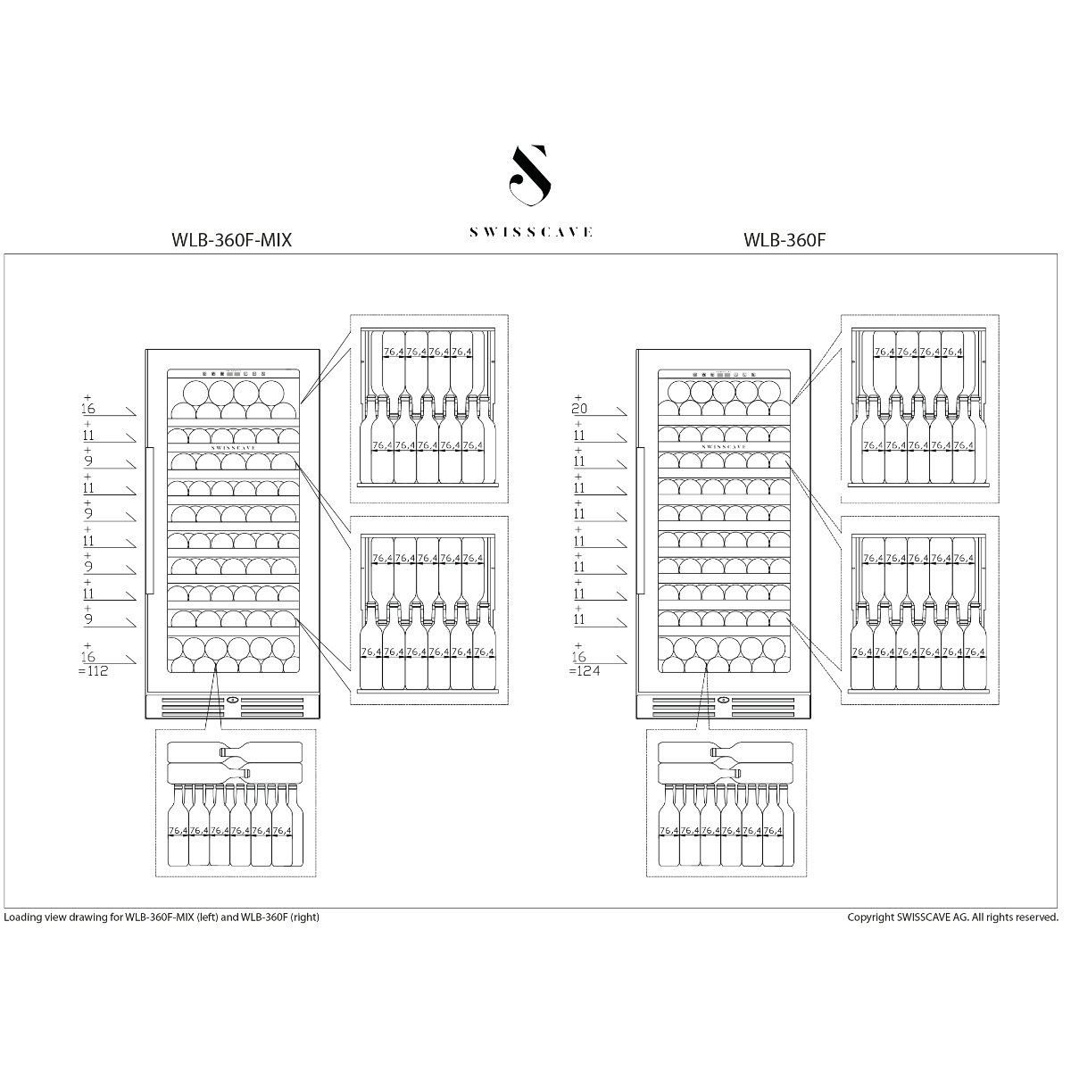 Swisscave WLB-360F-MIX | 1 zone | Premium Wijnklimaatkast