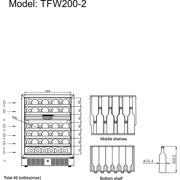 Tefcold TFW200-2F | 46 flessen | 2 zones | Wijnklimaatkast