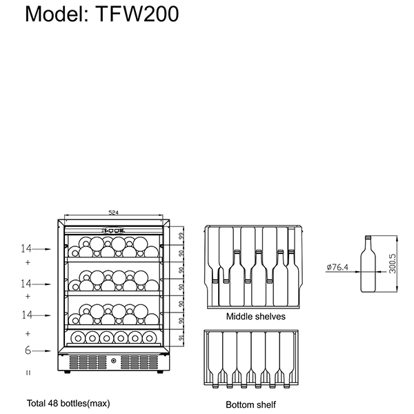 Tefcold TFW200-S | 48 flessen | 1 zone | Wijnkoelkast