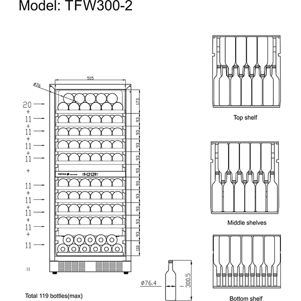 Tefcold TFW300-2F | 119 flessen | 2 zones | Wijnklimaatkast