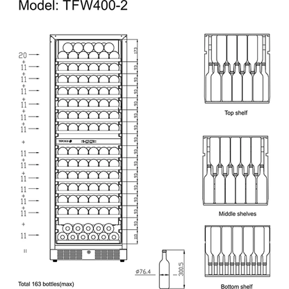 Tefcold TFW400-2S | 163 flessen | 2 zones | Wijnklimaatkast